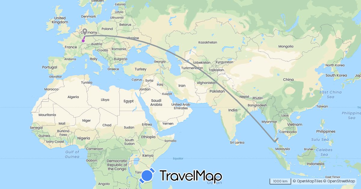TravelMap itinerary: driving, plane, train, boat in Germany, France, Thailand (Asia, Europe)